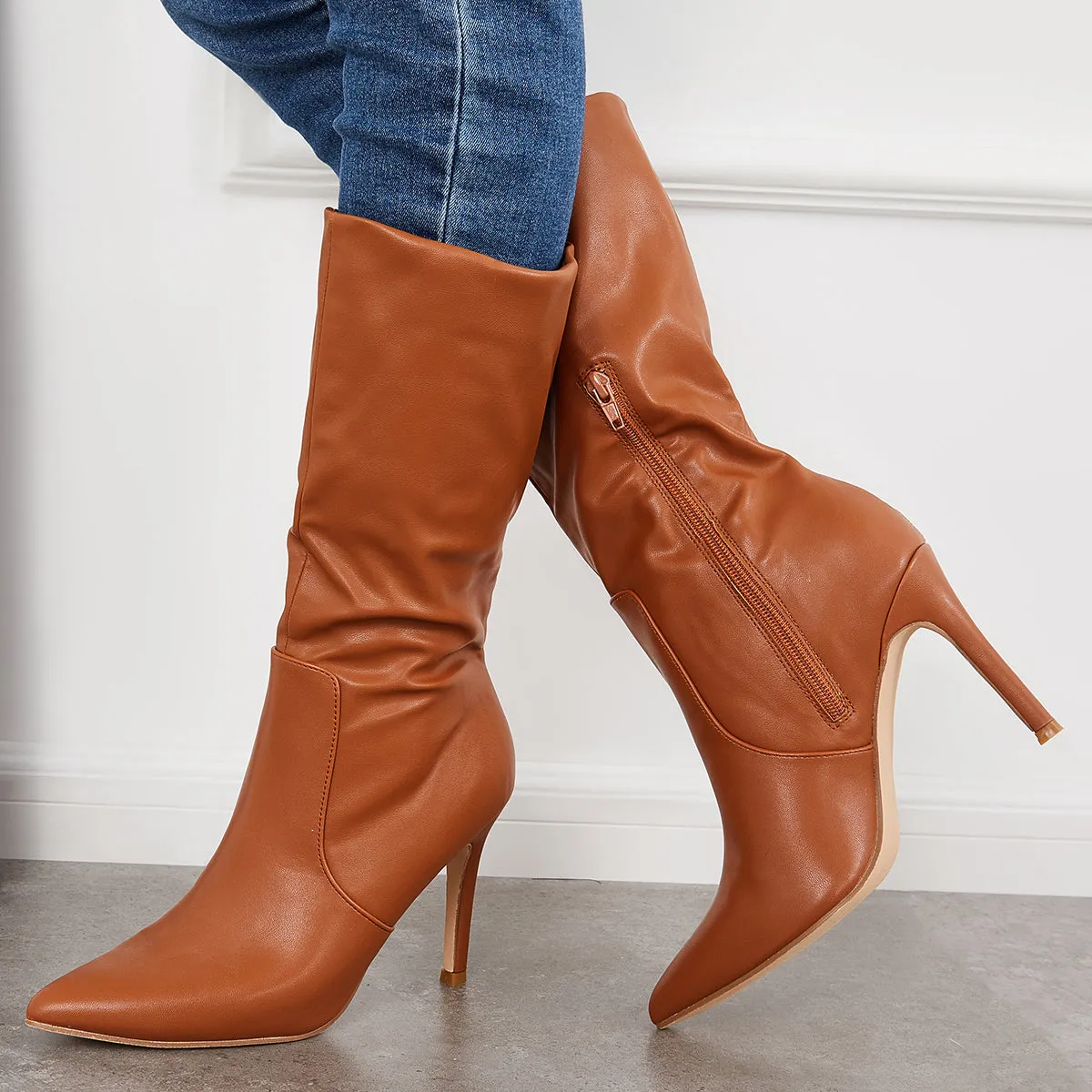 Women Mid Calf Boots Pointed Toe Stiletto Heel Dress Booties sold by Tinstree