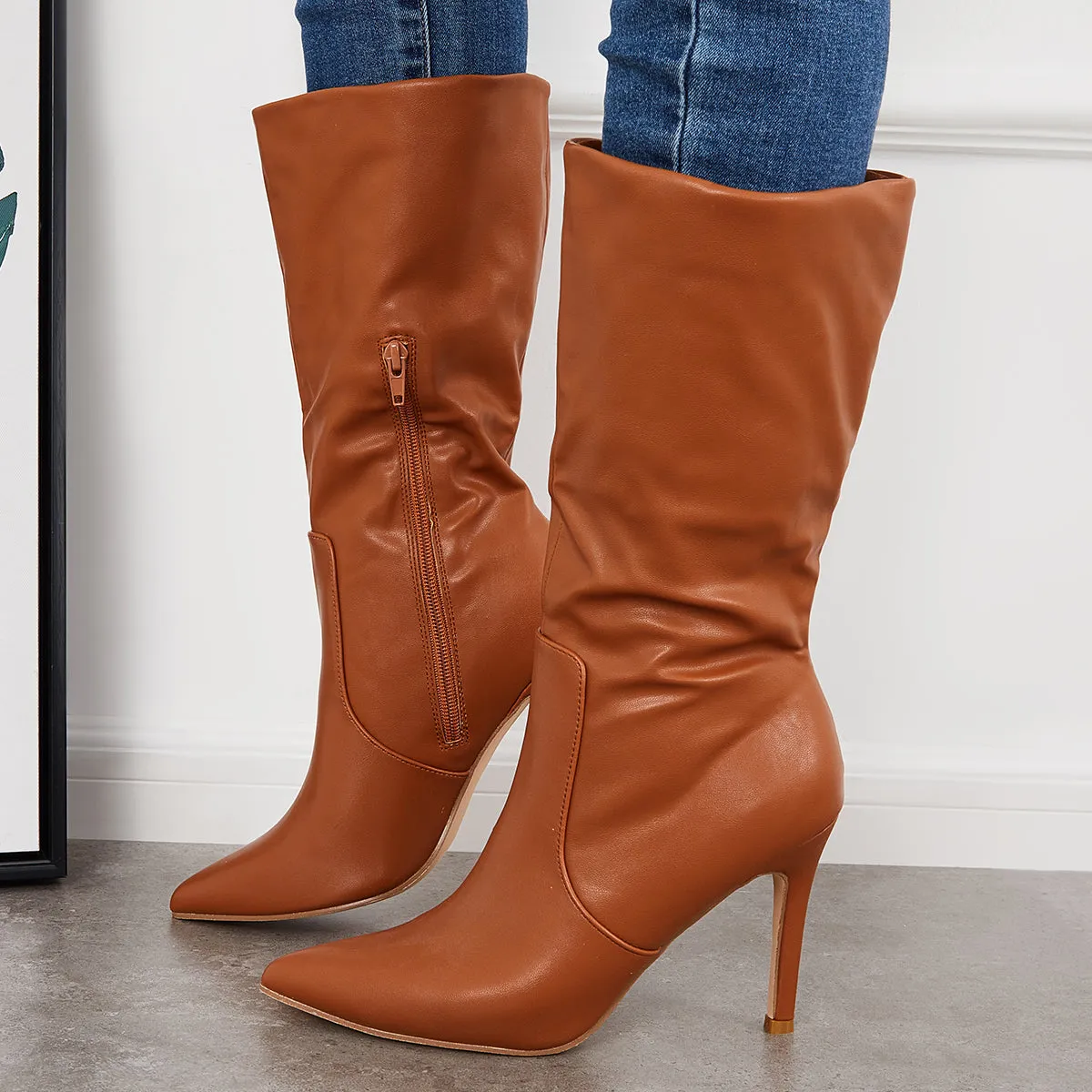 Women Mid Calf Boots Pointed Toe Stiletto Heel Dress Booties sold by Tinstree product image thumbnail 2