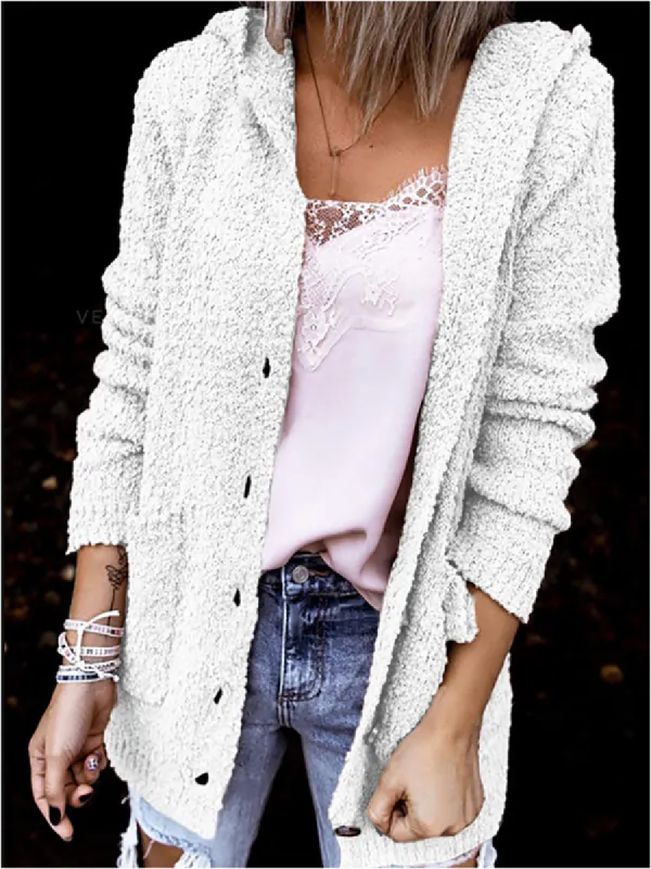 Women Fuzzy Knit Cardigans Cozy Popcorn Hoodie Open Front Long Sleeve Sweater Coat sold by Tinstree