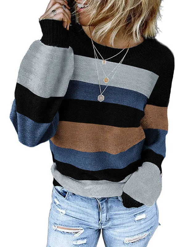 Women Long Lantern Sleeve Color Block Knit Sweater Crewneck Jumper Tops sold by Tinstree product image thumbnail 3