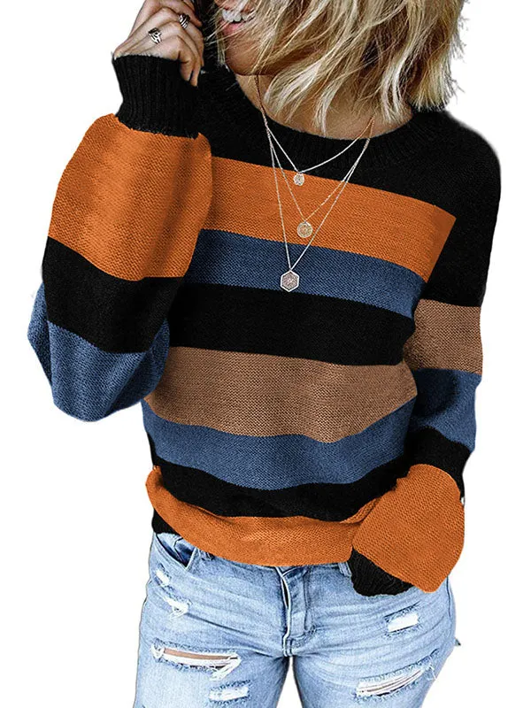 Women Long Lantern Sleeve Color Block Knit Sweater Crewneck Jumper Tops sold by Tinstree
