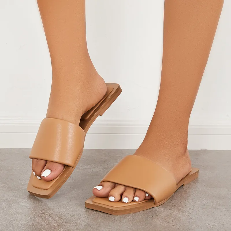 Square Open Toe Slides Single Band Flat Sandals sold by Tinstree