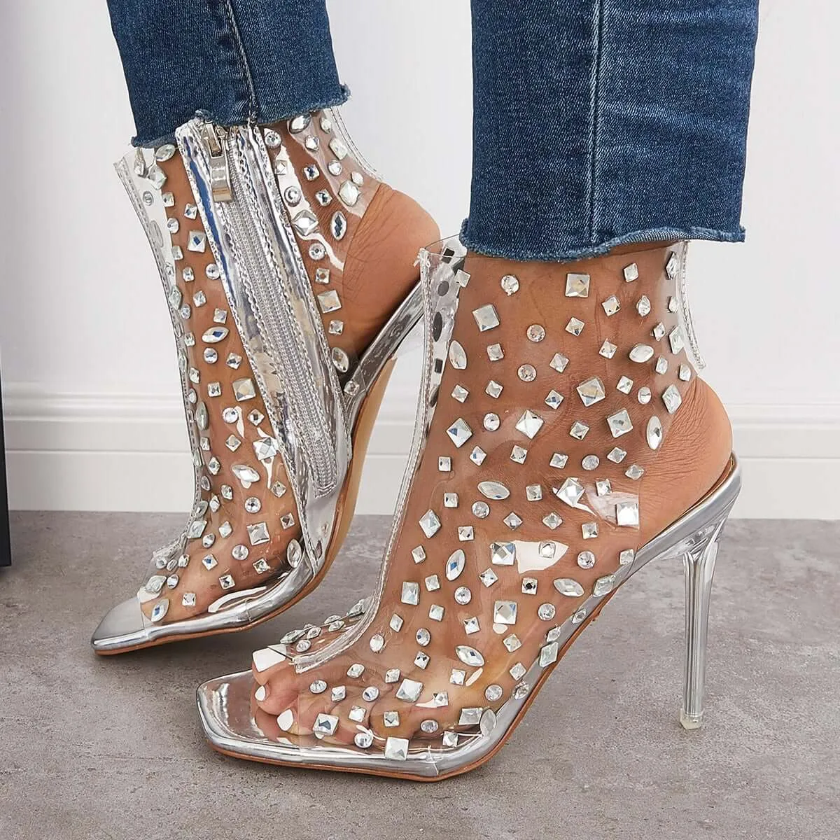 Clear Rhinestone Stiletto Heels Square Toe Zipper Sandals sold by Tinstree product image thumbnail 5