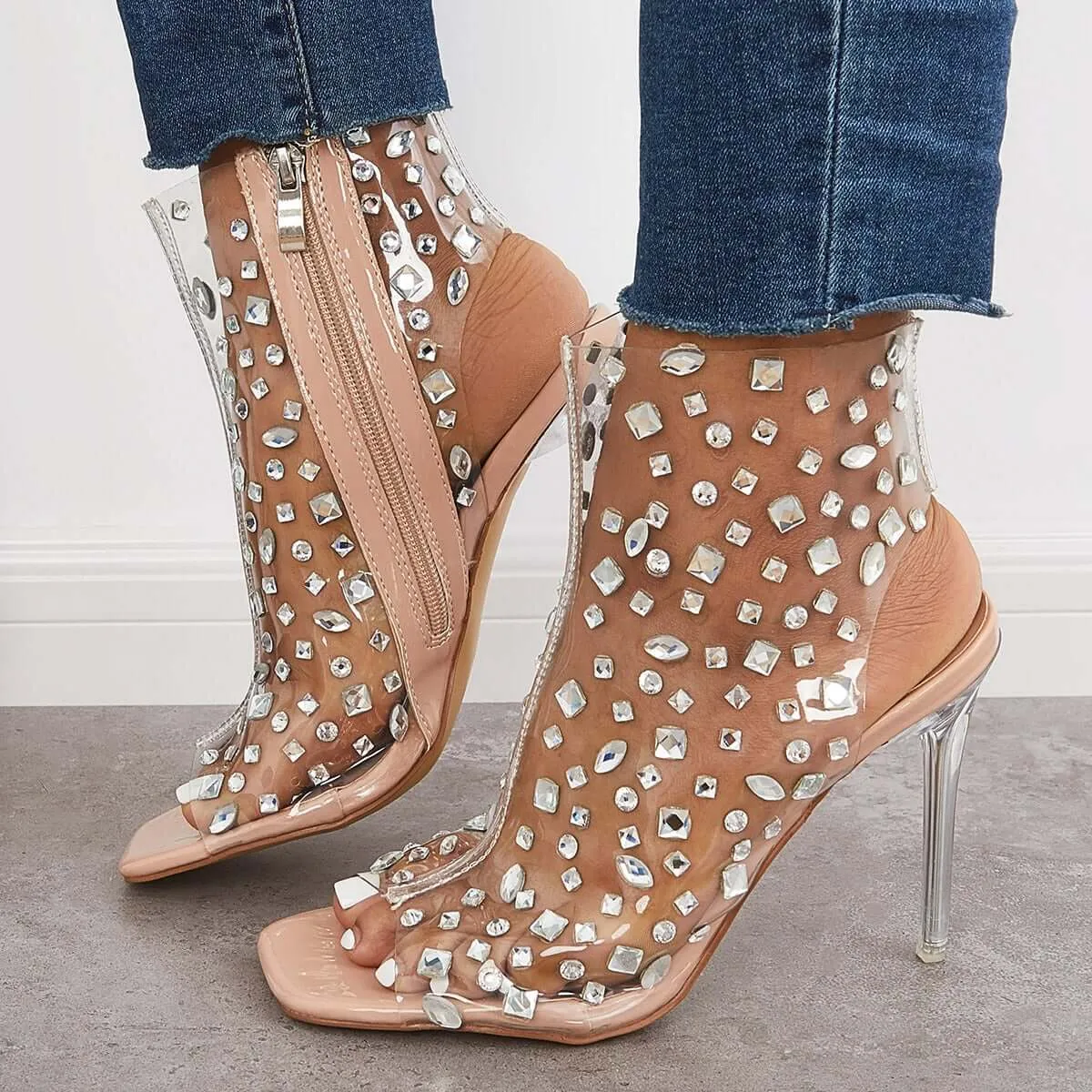 Clear Rhinestone Stiletto Heels Square Toe Zipper Sandals sold by Tinstree product image thumbnail 2