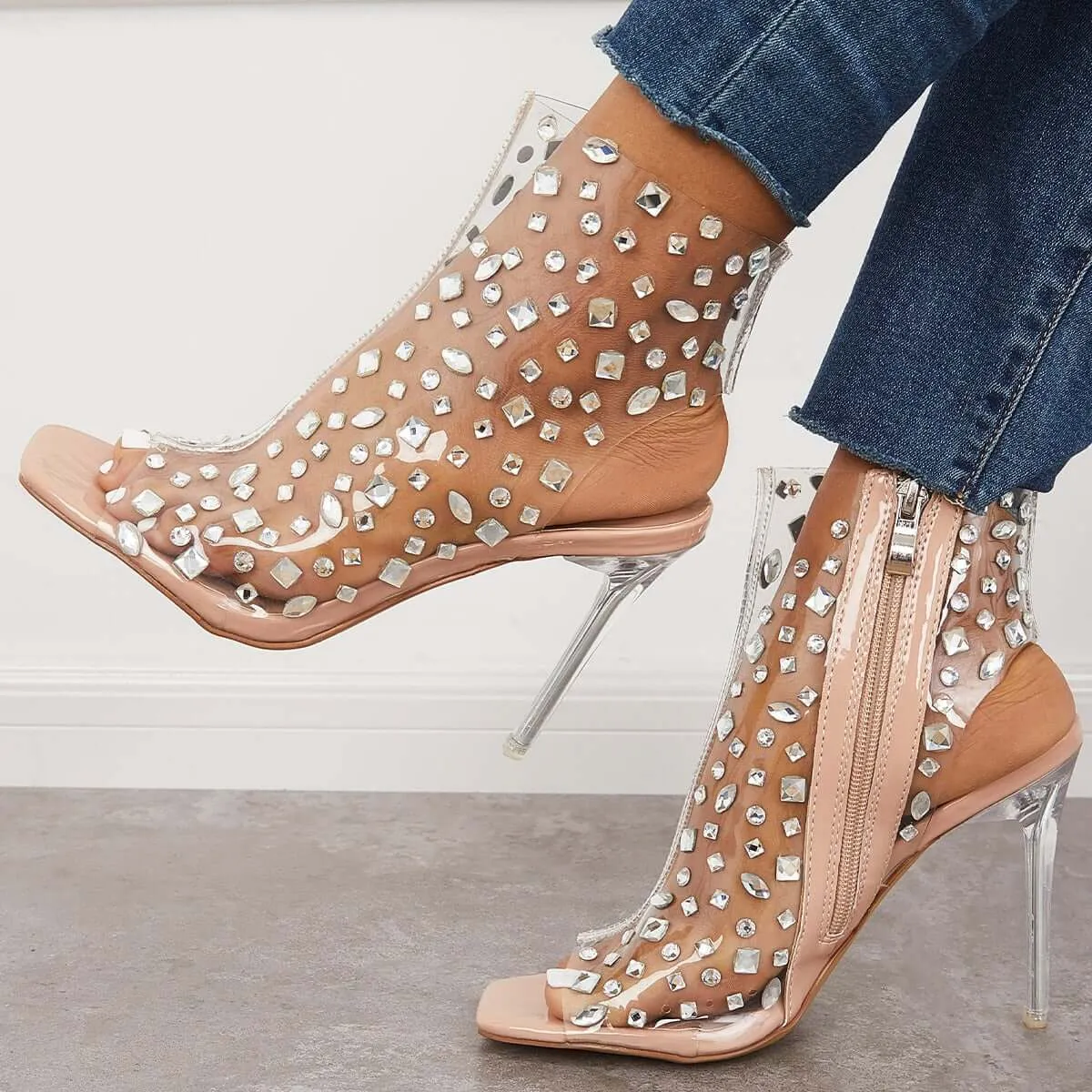 Clear Rhinestone Stiletto Heels Square Toe Zipper Sandals sold by Tinstree product image thumbnail 4
