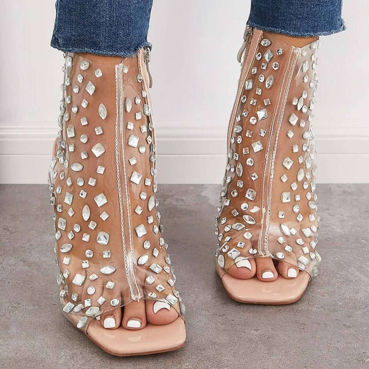Clear Rhinestone Stiletto Heels Square Toe Zipper Sandals sold by Tinstree product image thumbnail 3