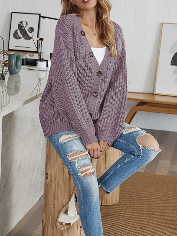 Women Button Down Long Lantern Sleeve Cardigan Sweaters V Neck Open Front Knit Sweater sold by Tinstree
