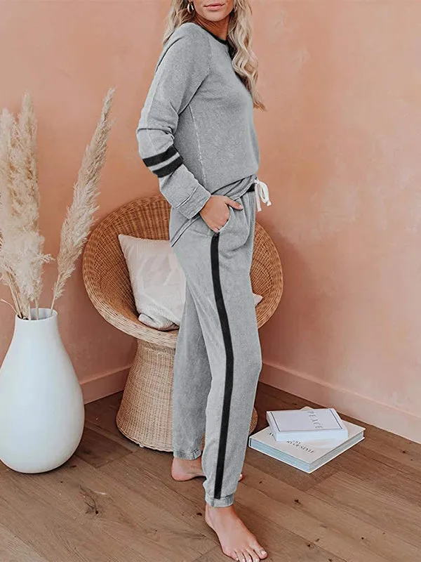 Womens 2 Piece Crewneck Loungewear Pj Set Long Sleeve Sweatsuit Drawstring Striped Outfits sold by Tinstree
