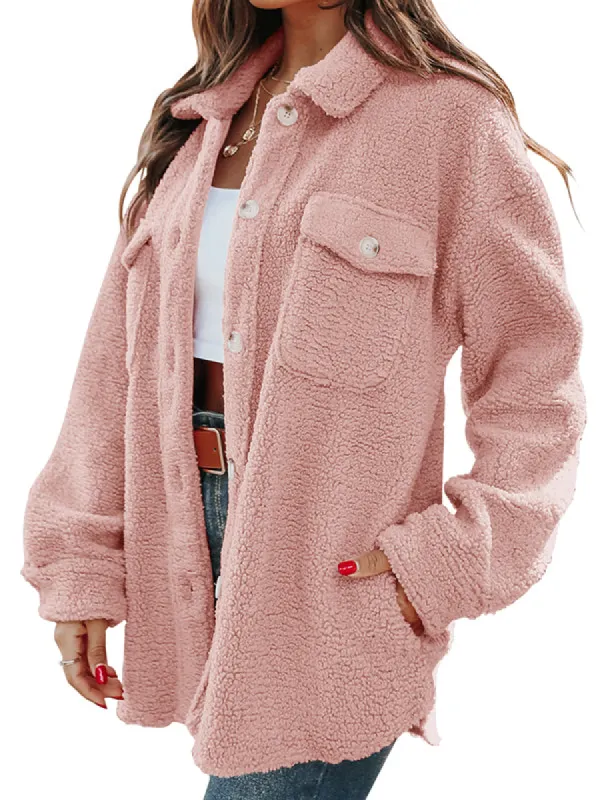 Women Sherpa Fleece Jacket Long Sleeve Button Down Fuzzy Shacket Outwear Coat sold by Tinstree
