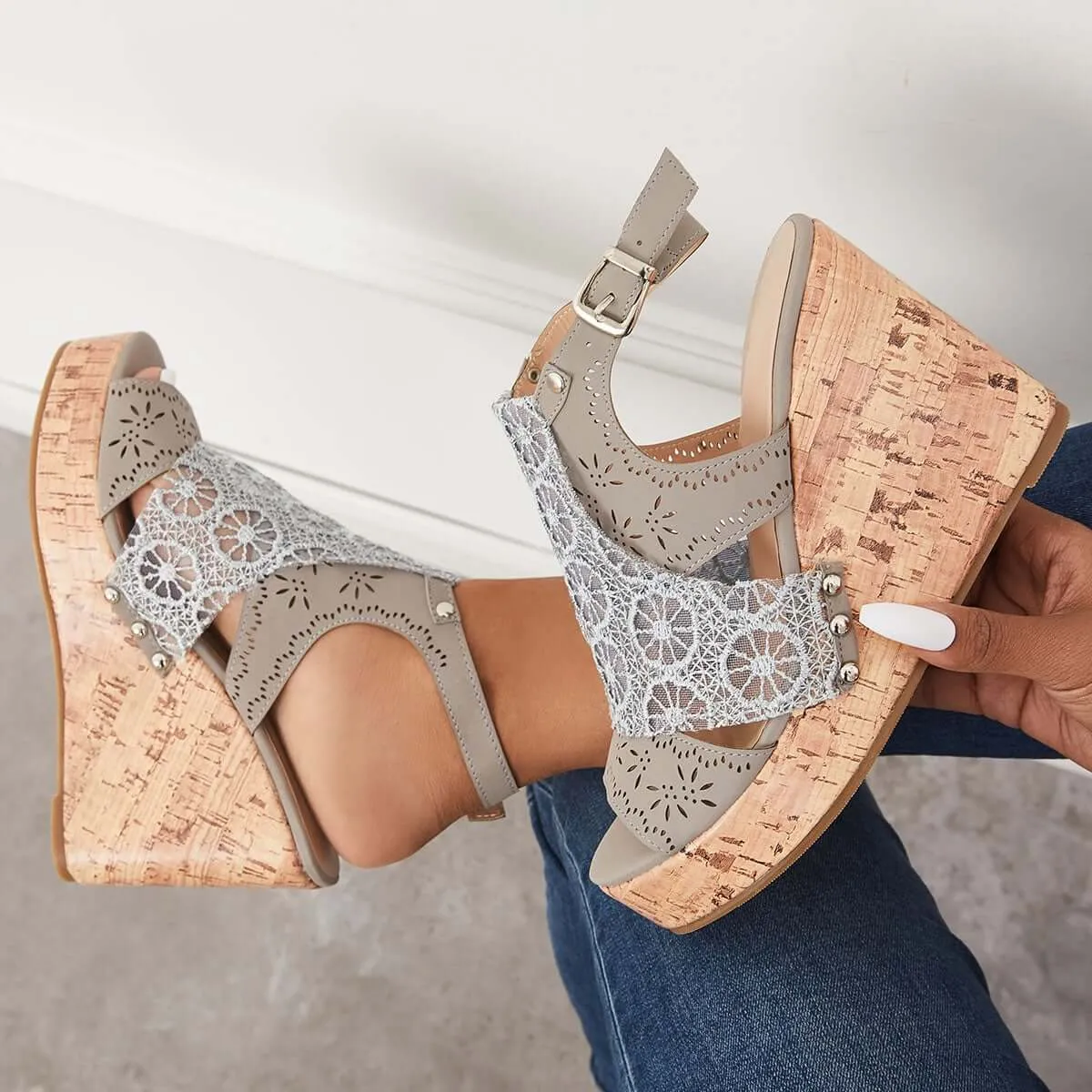 Open Toe Lace Platform Cork Wedges High Heel Sandals sold by Tinstree