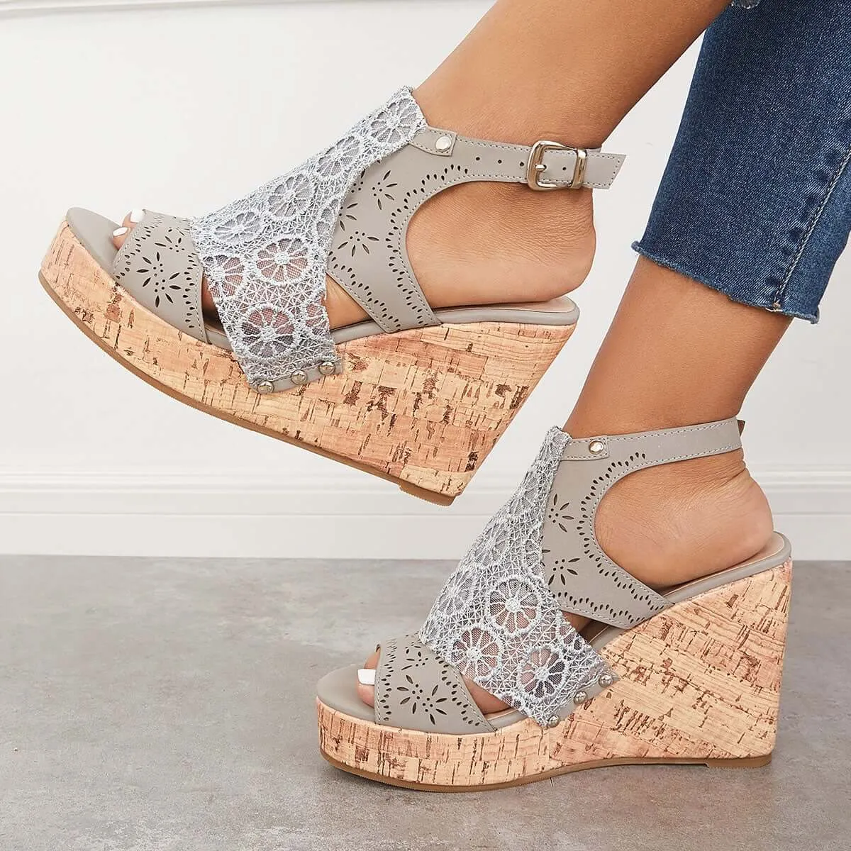 Open Toe Lace Platform Cork Wedges High Heel Sandals sold by Tinstree product image thumbnail 4