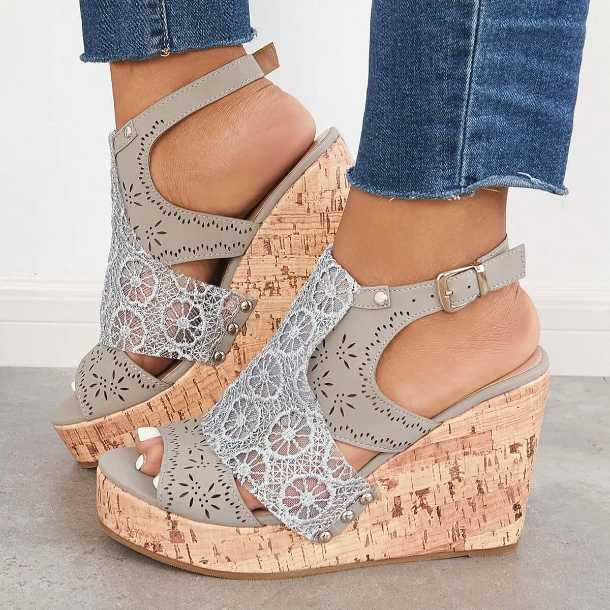 Open Toe Lace Platform Cork Wedges High Heel Sandals sold by Tinstree product image thumbnail 2