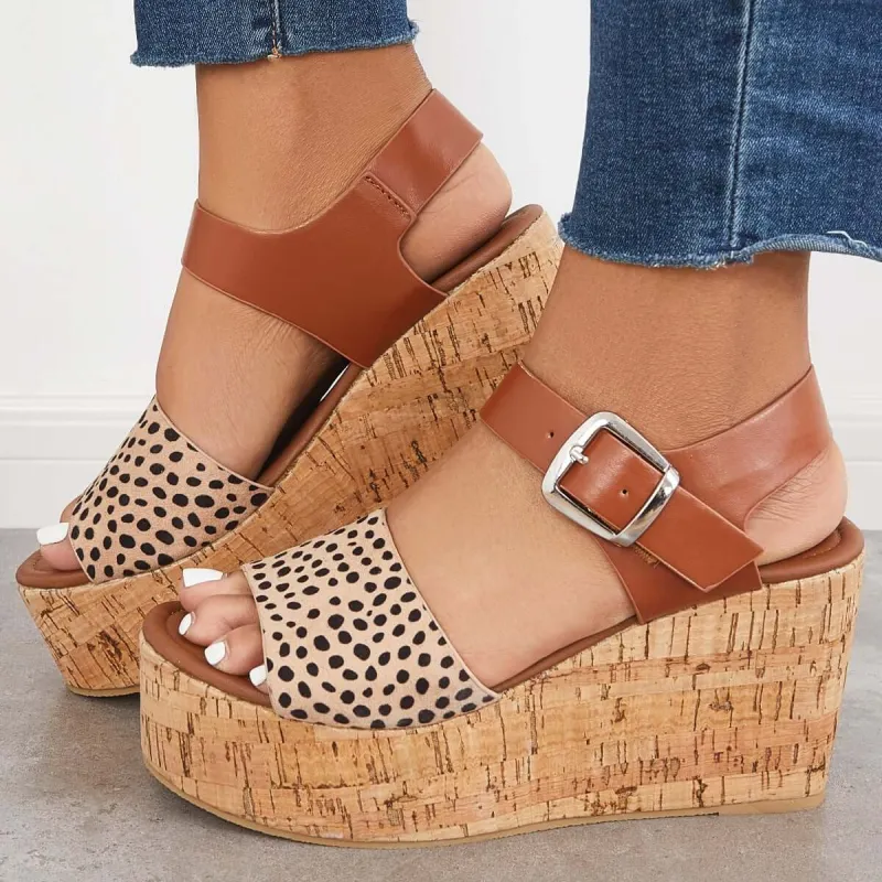 Open Toe Platform Cork Heels Wedge Ankle Buckle Strap Sandals sold by Tinstree