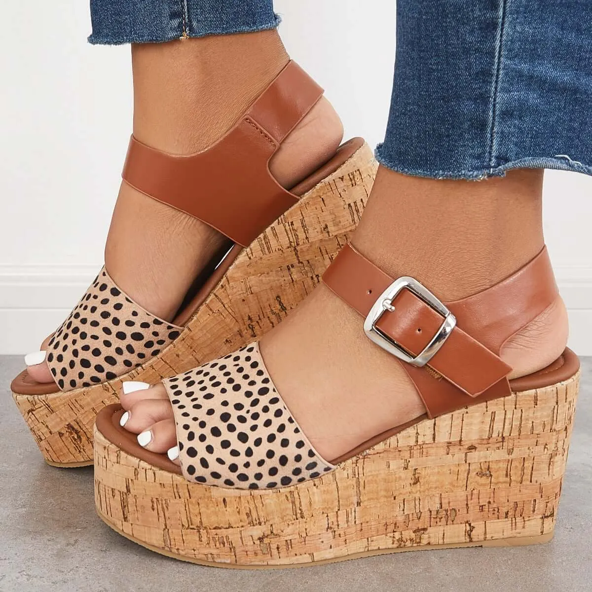 Open Toe Platform Cork Heels Wedge Ankle Buckle Strap Sandals sold by Tinstree