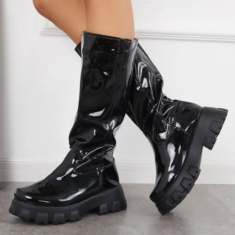 Patent Leather Platform Chunky Sole Knee High Boots sold by Tinstree