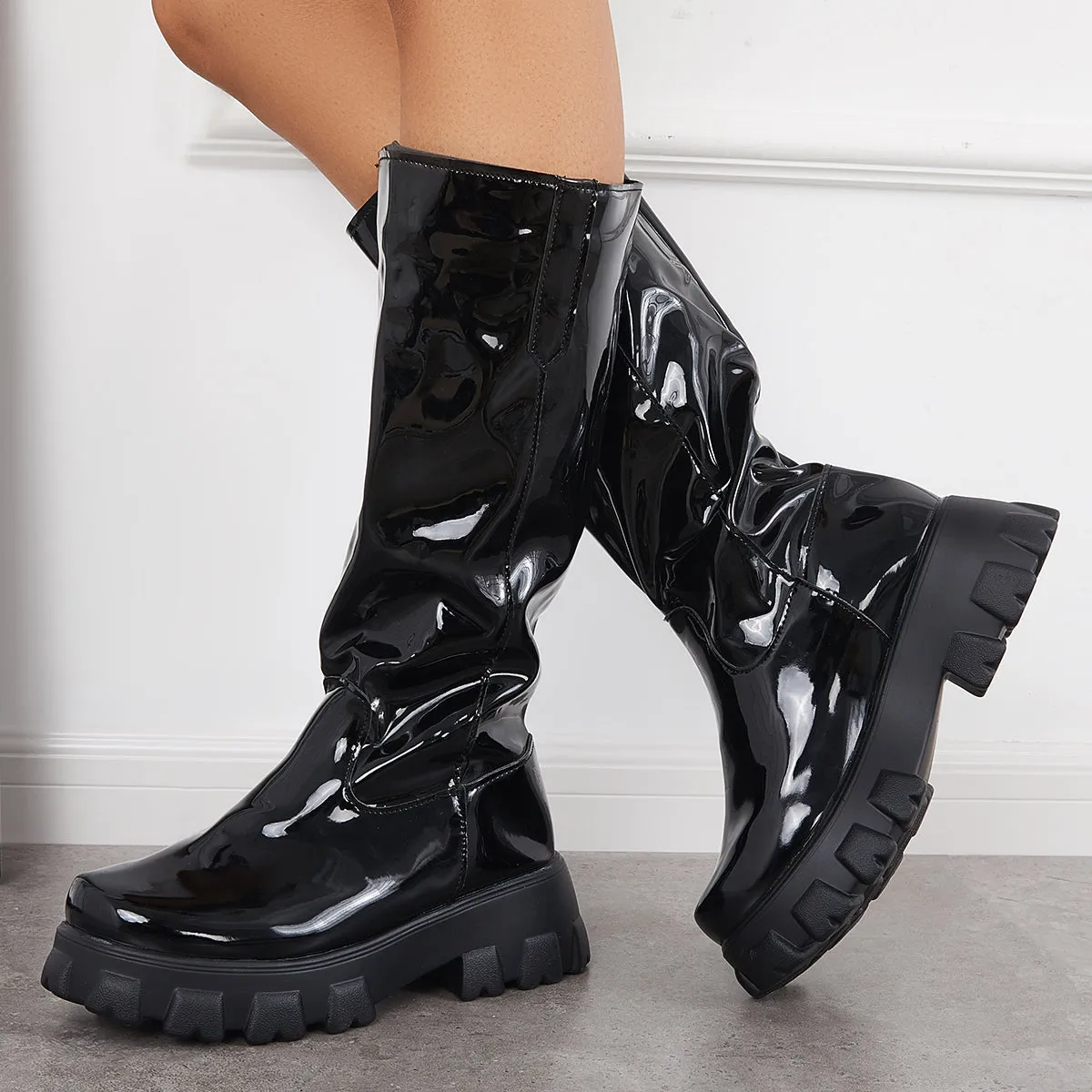 Patent Leather Platform Chunky Sole Knee High Boots sold by Tinstree
