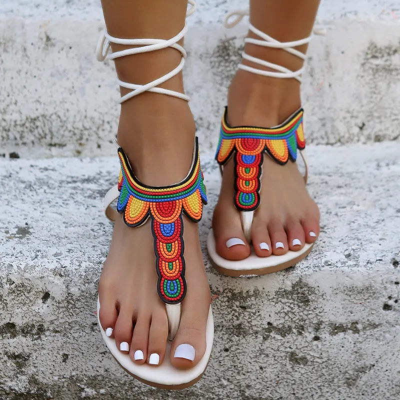 White Flat Flip Flops Sandals Lace Up Ankle Strappy Sandals sold by Tinstree