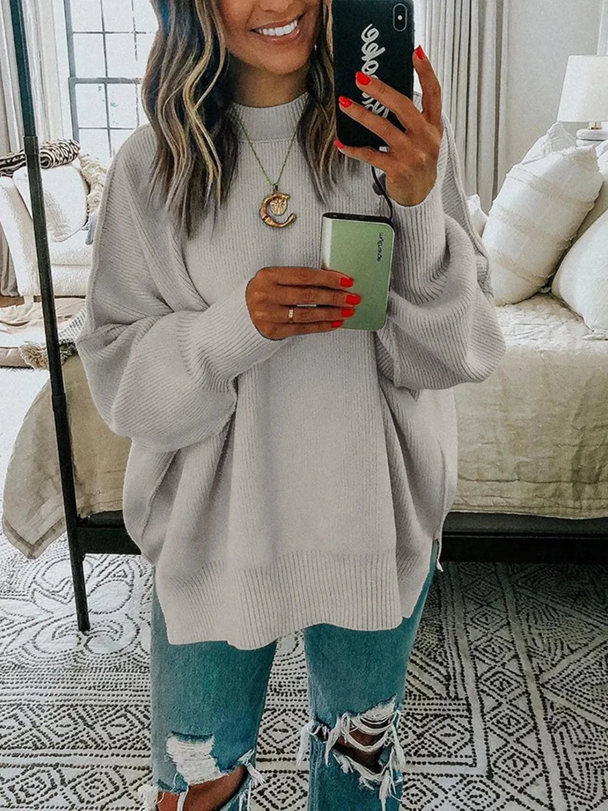 Womens Winter Sweaters Long Sleeve Ribbed Knit Crewneck Side Slit Pullover sold by Tinstree product image thumbnail 2