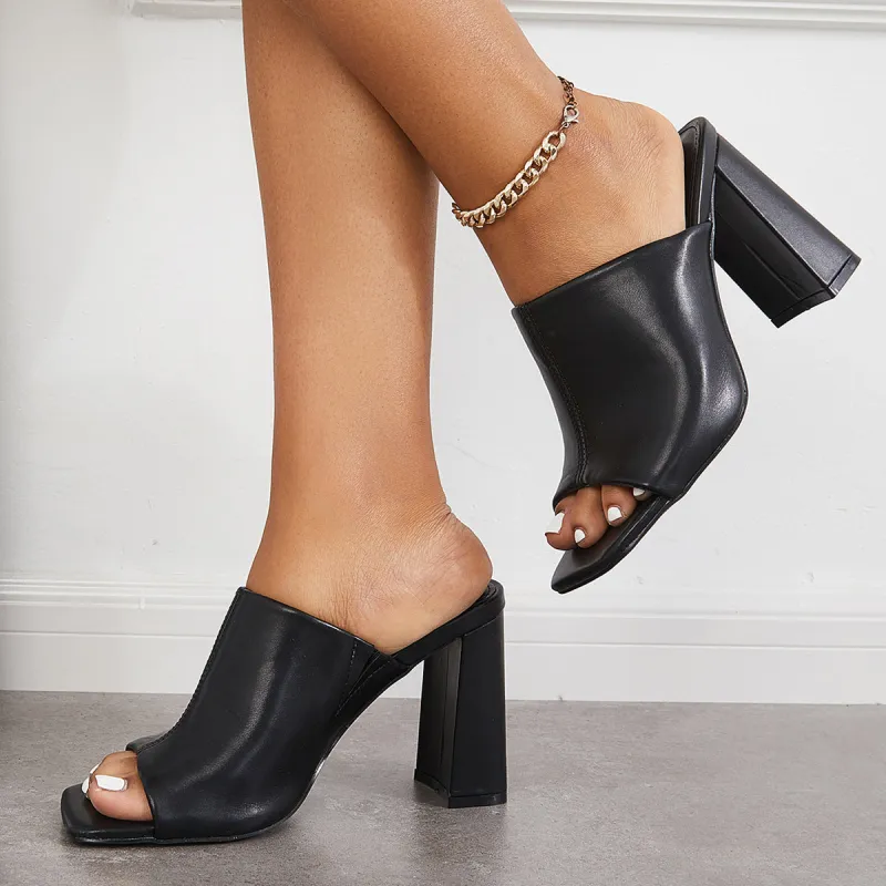 Square Toe Block Chunky High Heel Mules Slip on Sandals sold by Tinstree