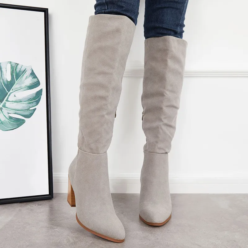 Pointed Toe Knee High Boots Chunky Block Heel Cowgirl Riding Boots sold by Tinstree