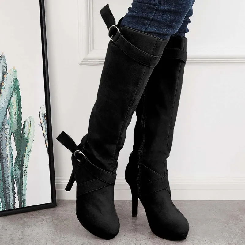 Wide Calf Knee High Buckle Boots Chunky Heel Riding Boots sold by Tinstree