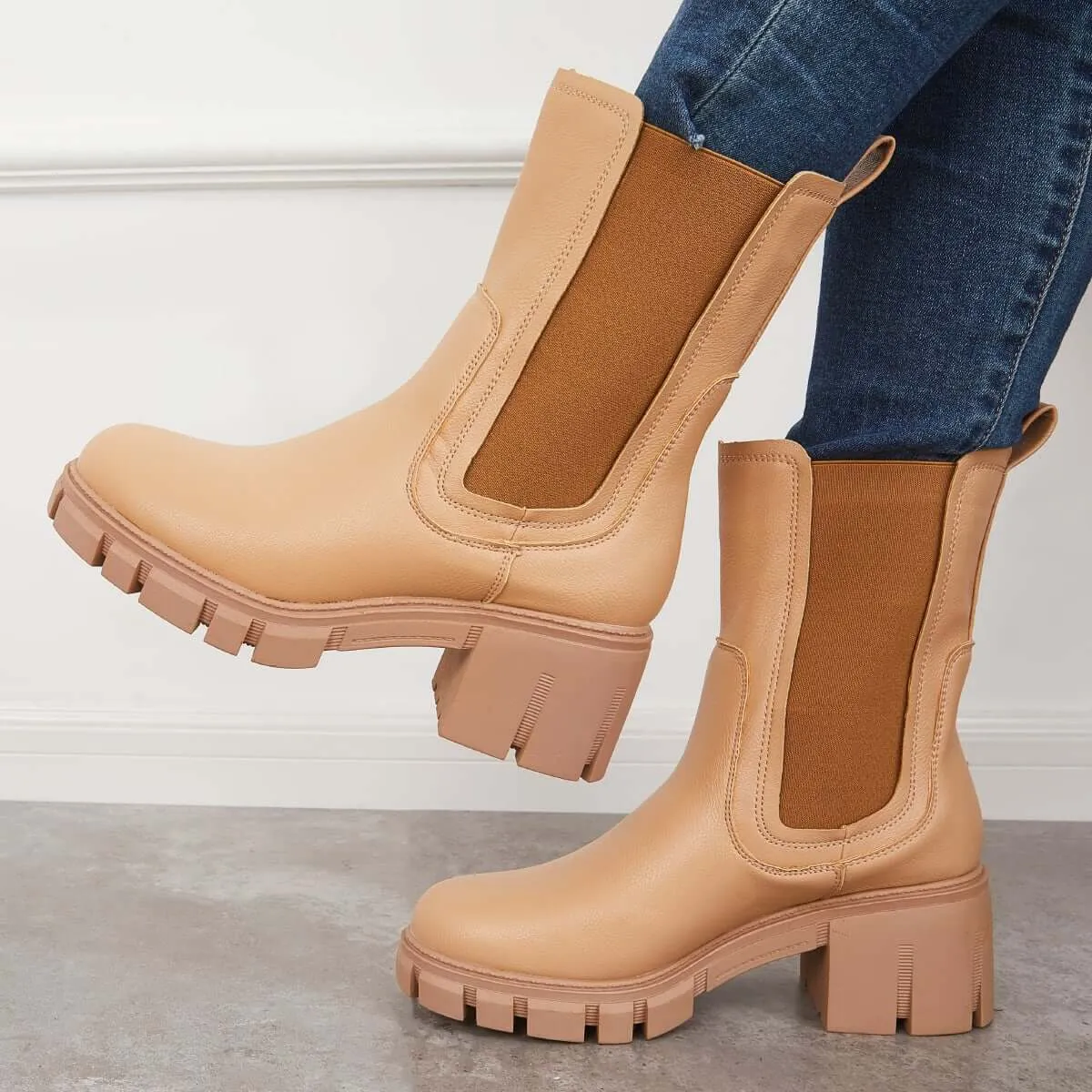 Chunky Platform Lug Sole Chelsea Boots Non-Slip Mid Calf Boots sold by Tinstree product image thumbnail 3