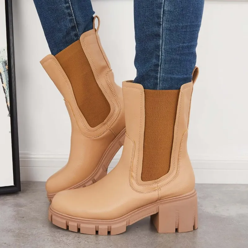 Chunky Platform Lug Sole Chelsea Boots Non-Slip Mid Calf Boots sold by Tinstree
