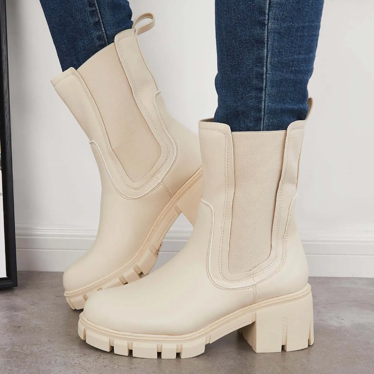 Chunky Platform Lug Sole Chelsea Boots Non-Slip Mid Calf Boots sold by Tinstree product image thumbnail 5