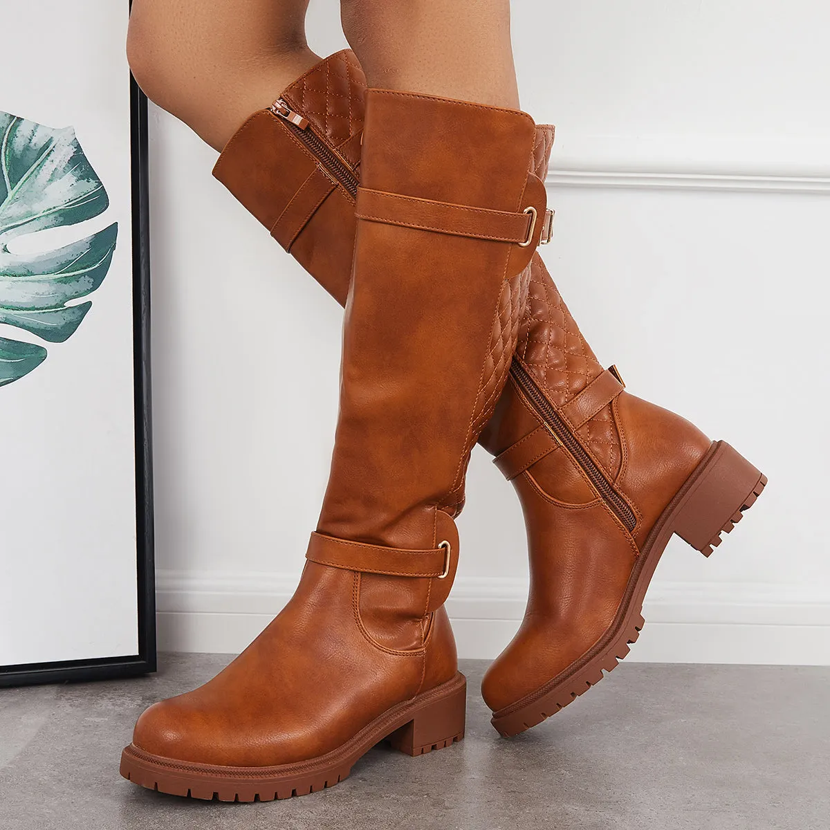 Women Lug Sole Knee High Boots Chunky Block Heel Riding Boots sold by Tinstree