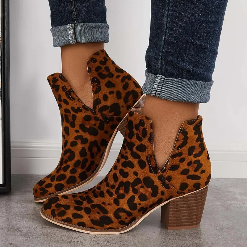 Cutout Western Cowboy Ankle Boots V-cut Stacked Heel Booties sold by Tinstree