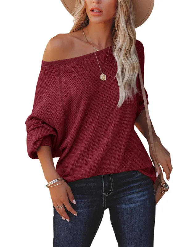 Women Waffle Knit Loose Off Shoulder Long Sleeve Sweater Pullover Tops sold by Tinstree