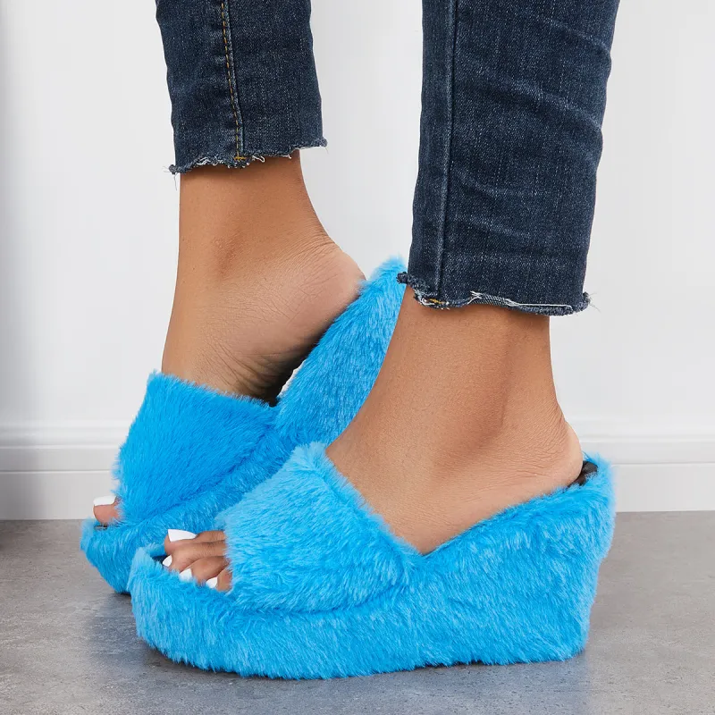 Faux Furry Platform Wedge Slippers Fuzzy Slide Mule Sandals sold by Tinstree