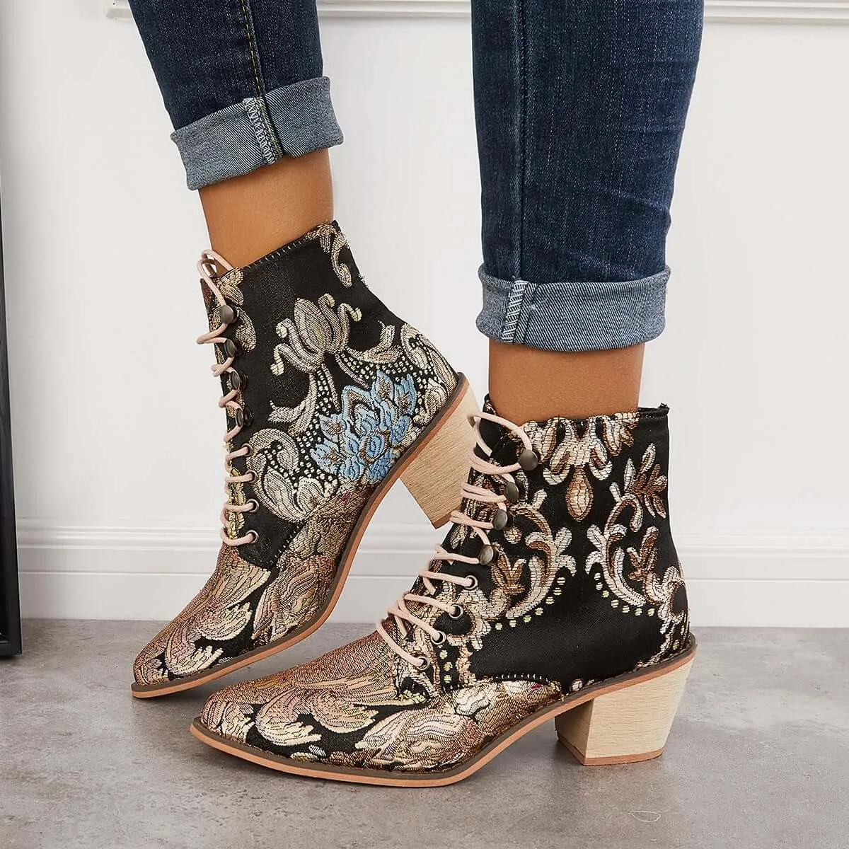 Retro Embroidered Cowboy Ankle Boots Block Heel Western Booties sold by Tinstree product image thumbnail 3