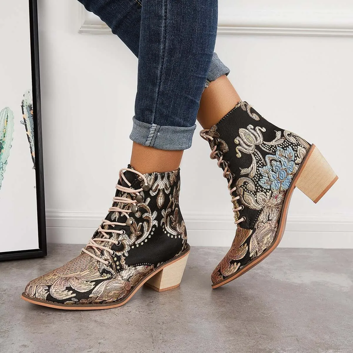 Retro Embroidered Cowboy Ankle Boots Block Heel Western Booties sold by Tinstree product image thumbnail 2
