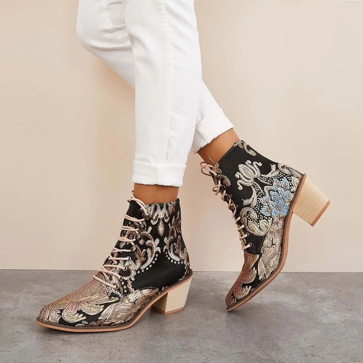 Retro Embroidered Cowboy Ankle Boots Block Heel Western Booties sold by Tinstree