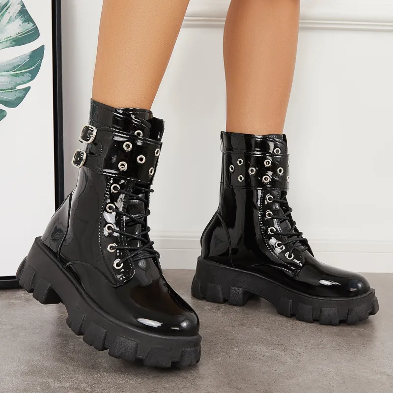 Platform Chunky Sole Ankle Booties Lace Up Front Combat Boots sold by Tinstree