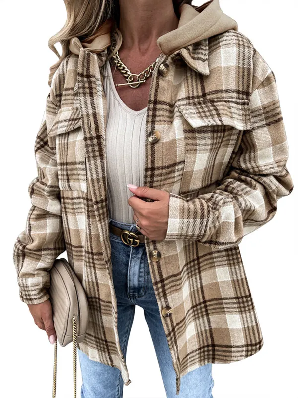 Women Long Sleeve Flannel Plaid Shacket Button Down Jacket Hooded Coat sold by Tinstree