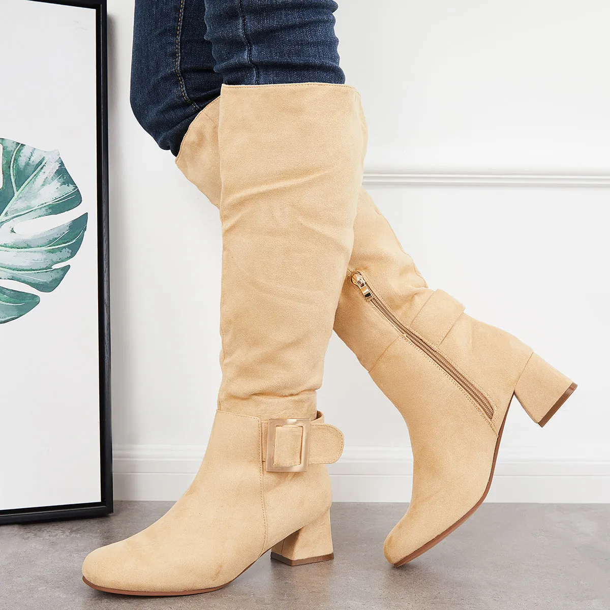 Square Toe Knee High Boots Wide Calf Chunky Heel Riding Boots sold by Tinstree product image thumbnail 3