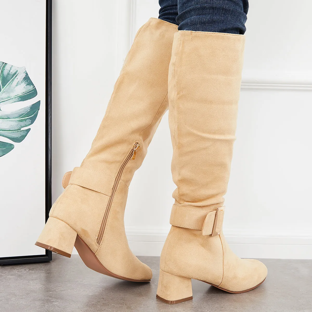 Square Toe Knee High Boots Wide Calf Chunky Heel Riding Boots sold by Tinstree product image thumbnail 5