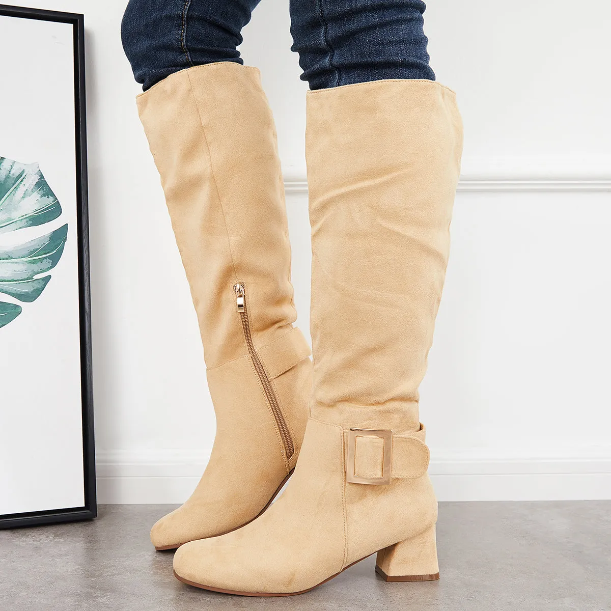 Square Toe Knee High Boots Wide Calf Chunky Heel Riding Boots sold by Tinstree product image thumbnail 2