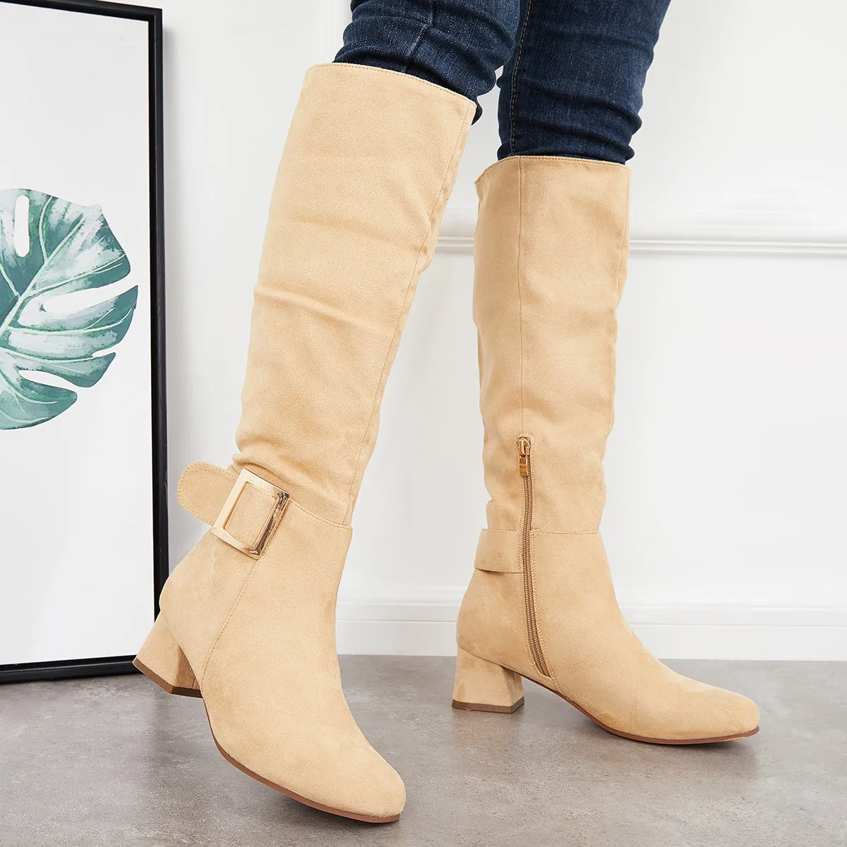 Square Toe Knee High Boots Wide Calf Chunky Heel Riding Boots sold by Tinstree