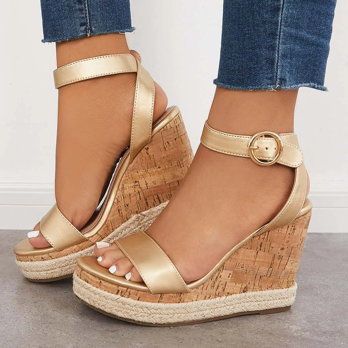 Open Toe Platform Cork Heels Wedge Ankle Strap Espadrille Sandals sold by Tinstree