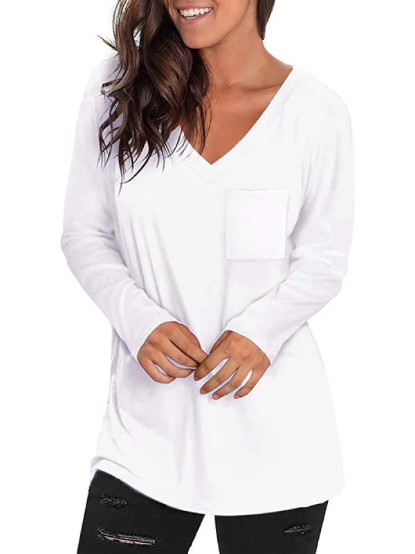 Casual Long Sleeve V Neck Tunic Pockets T-Shirts sold by Tinstree