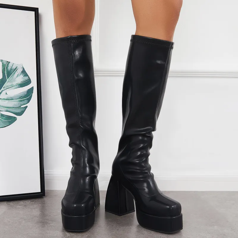 Black Punk Platform Chunky High Heel Knee High Boots sold by Tinstree