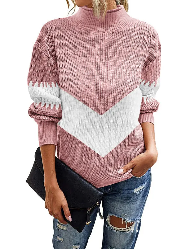 Women Color Block Sweater Turtleneck Pullover Long Sleeve Knitwear sold by Tinstree