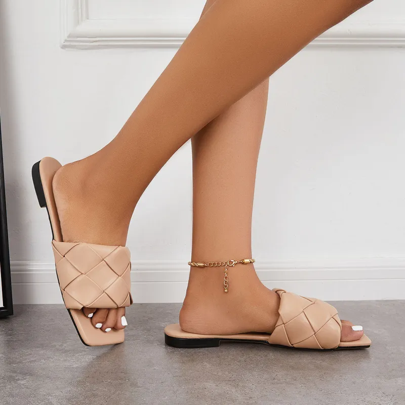 Square Toe Woven Flat Slippers Slip on Slide Sandals sold by Tinstree