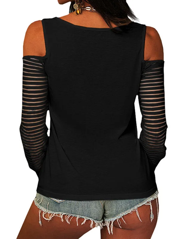 Womens Long Sleeve Mesh Srtipe Blouse Cold Shoulder Scoop Neck Zipper T-Shirt sold by Tinstree product image thumbnail 3