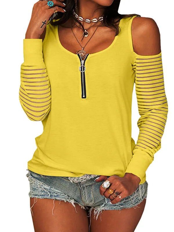 Womens Long Sleeve Mesh Srtipe Blouse Cold Shoulder Scoop Neck Zipper T-Shirt sold by Tinstree product image thumbnail 4