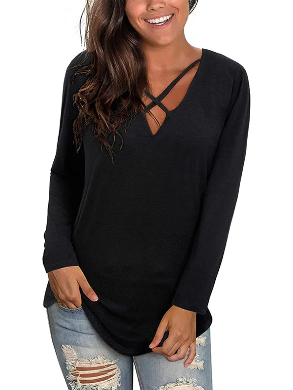 Women V Neck Solid Tops Criss Cross Long Sleeve T-Shirt Blouse sold by Tinstree