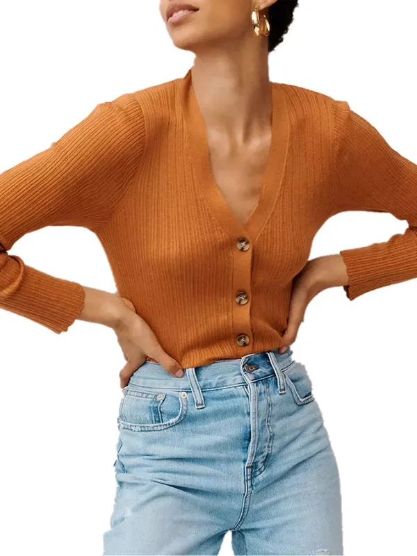 Women Long Sleeve Deep V Neck Ribbed Button Knit Sweater Solid Color Tops sold by Tinstree product image thumbnail 4